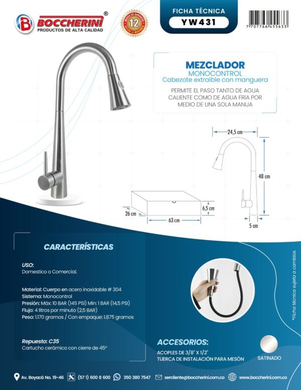 Mezclador Lavaplatos Extraible en Acero Inoxidable # 304 Incluye Mangueras Cromado