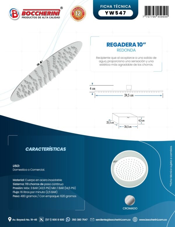 Regadera Redonda 10 en Acero Inoxidable # 201