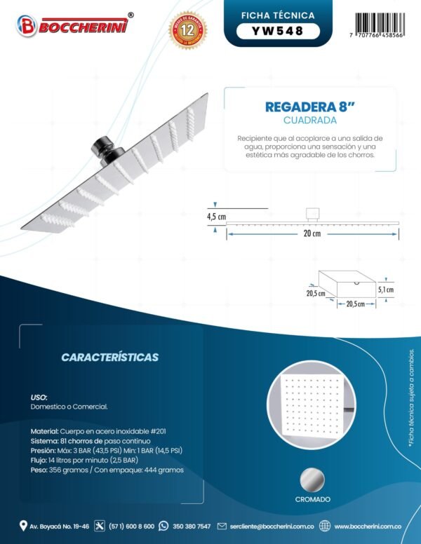 YW548-ft REGADERA CUADRADA 8 EN ACERO INOXIDABLE # 201