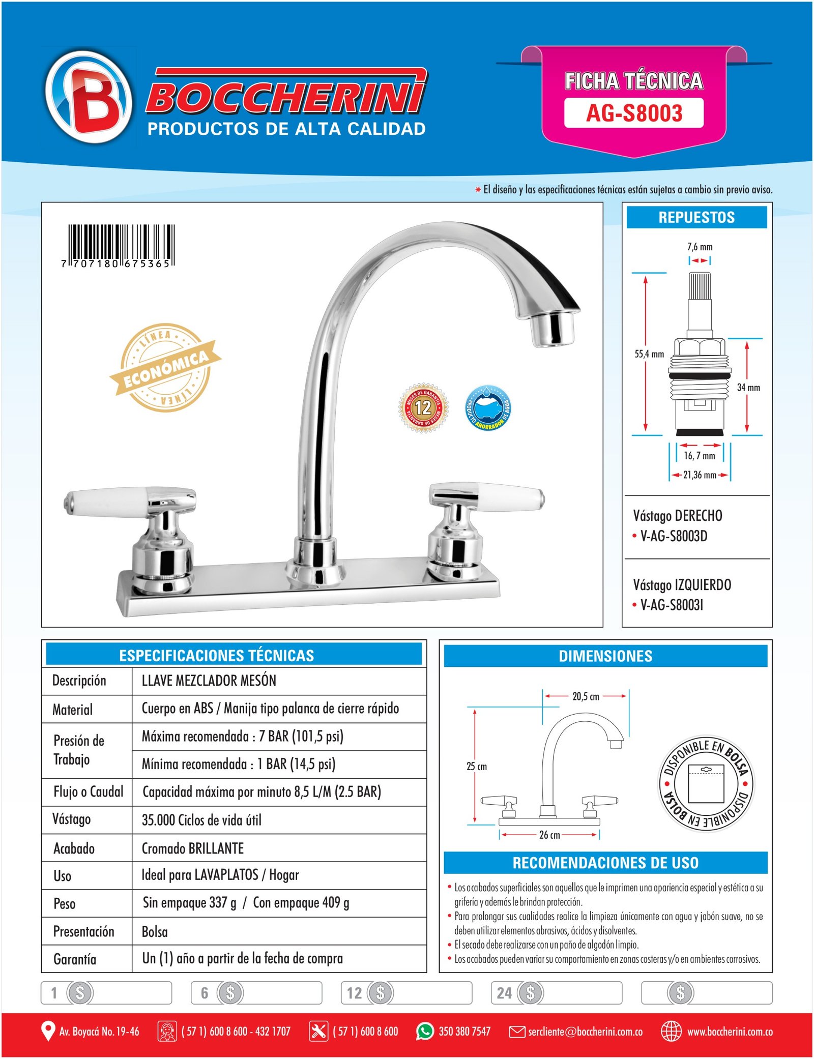 Ficha técnica AG-S8003 Moressco
