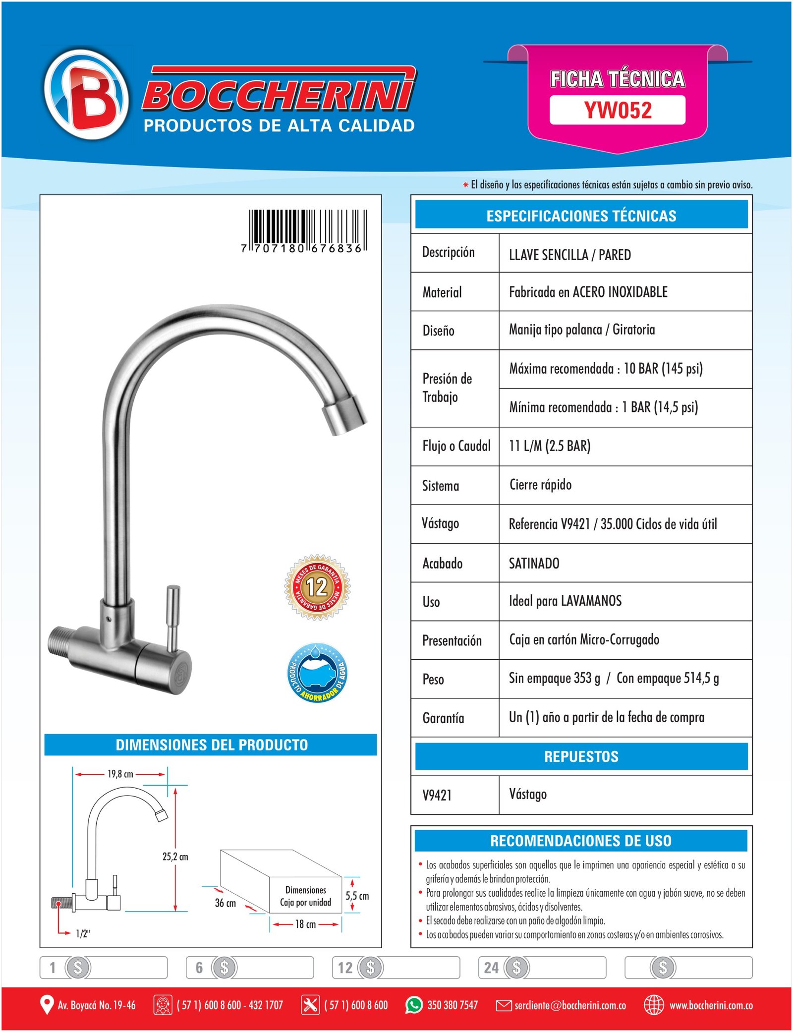 Ficha técnica YW052 Moressco
