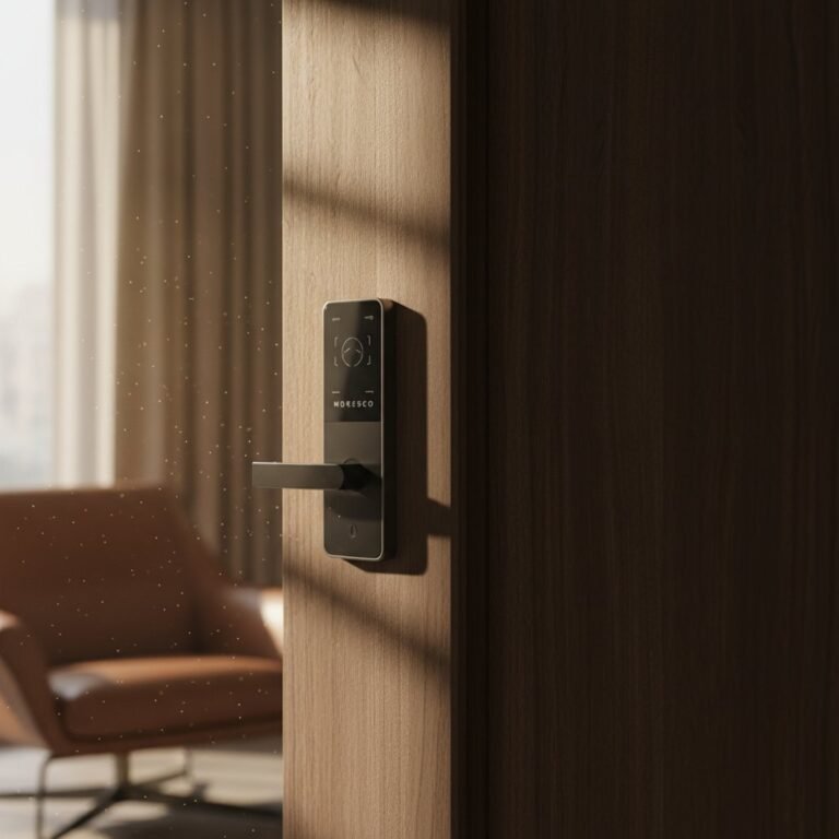 Cerradura inteligente premium instalada en puerta de apartamento moderno