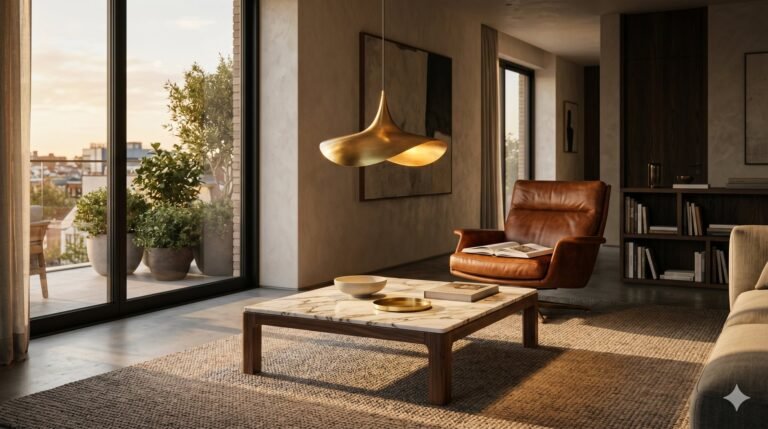 Lampara pendant dorada sobre mesa de marmol en sala arquitectonica