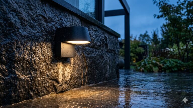 Luminaria exterior IP65 sobre muro de piedra mojado al anochecer