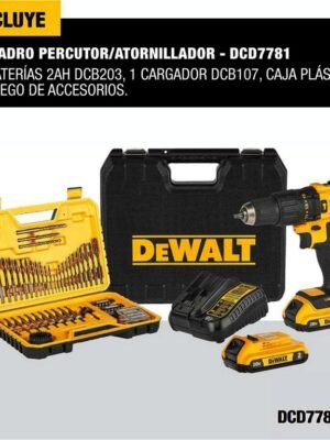 TALADRO INALAMBRICO 1/2" 20V DEWALT + ACCESORIOS 100PCS DCD7781S2A-B3+BAT2AH+KIT100