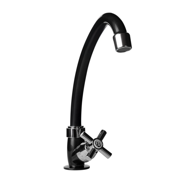 Llave Sencilla de Lavaplatos Onyx, Manija Tipo Cruceta, Color Negro y Cromado. Entrada de 1/2"