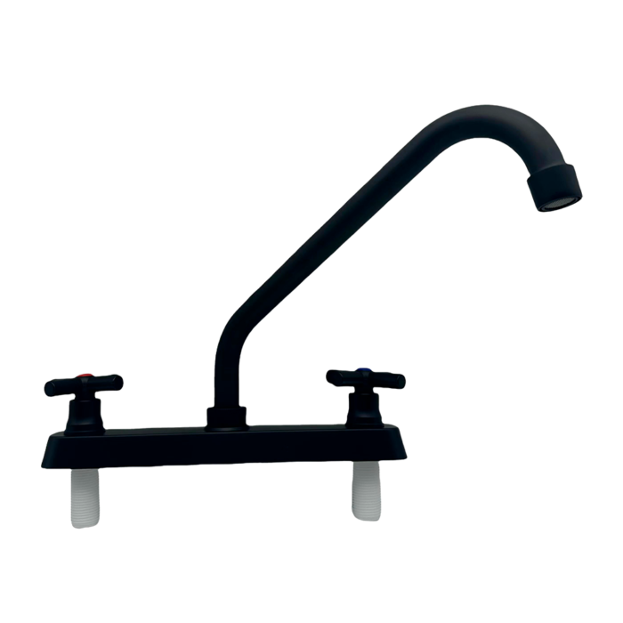 Mezclador 8” para Lavaplatos Onyx, Cuerpo en Abs, Cuello en Acero Inoxidable Tipo Cisne, Manija Tipo Cruceta, Color Negro
