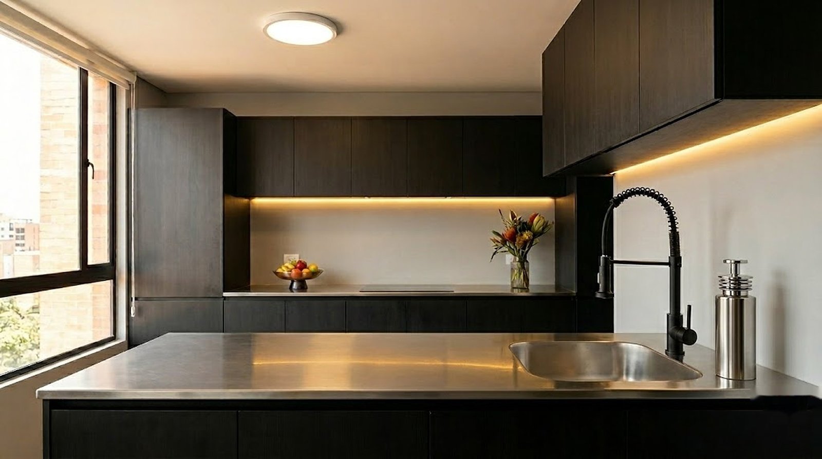 Cocina premium Moressco con llave móvil negra Leos y panel LED circular 10" Mercury