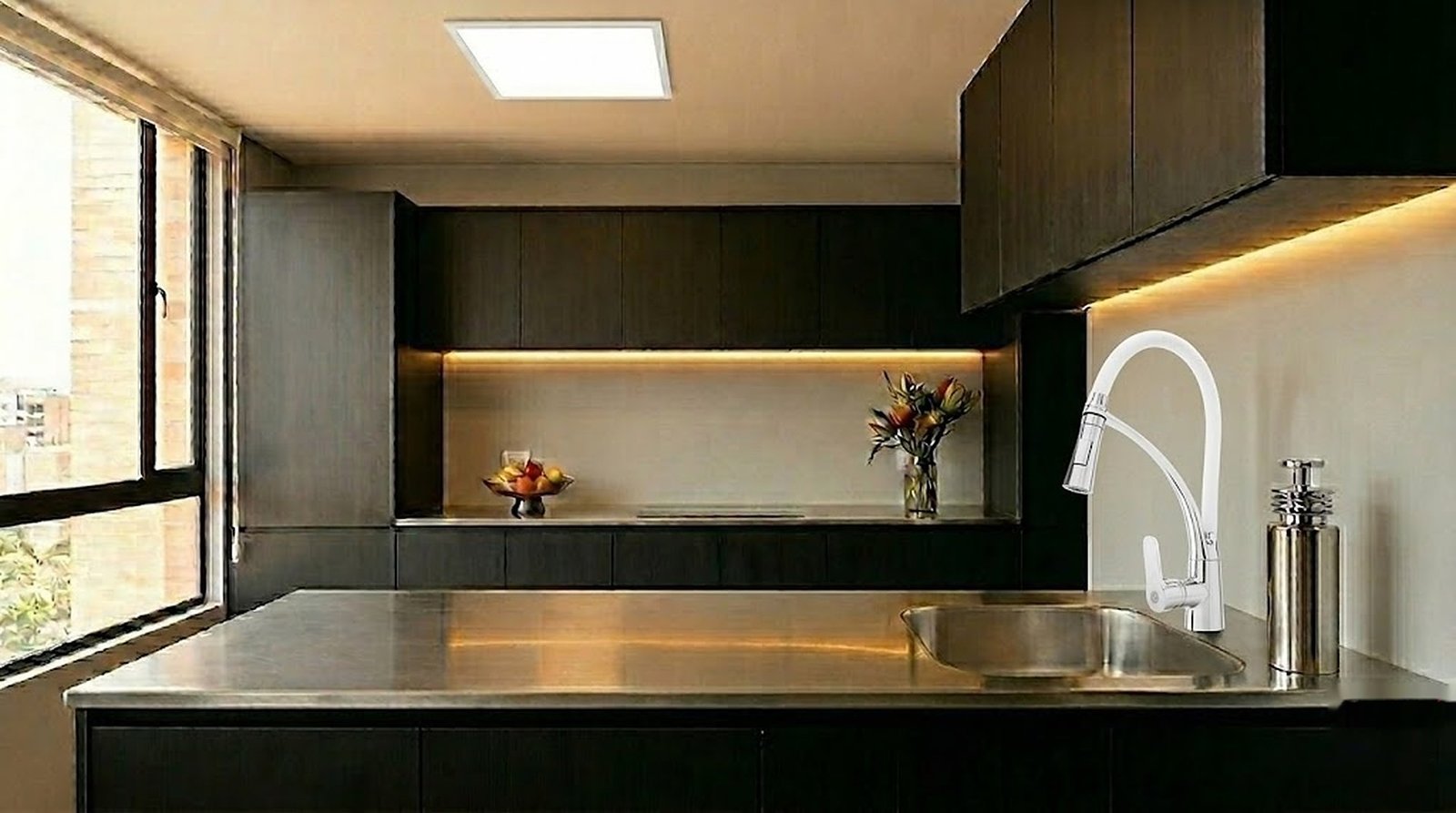 Cocina premium Moressco con mezclador blanco cuello flexible y panel LED 60x60 Mercury