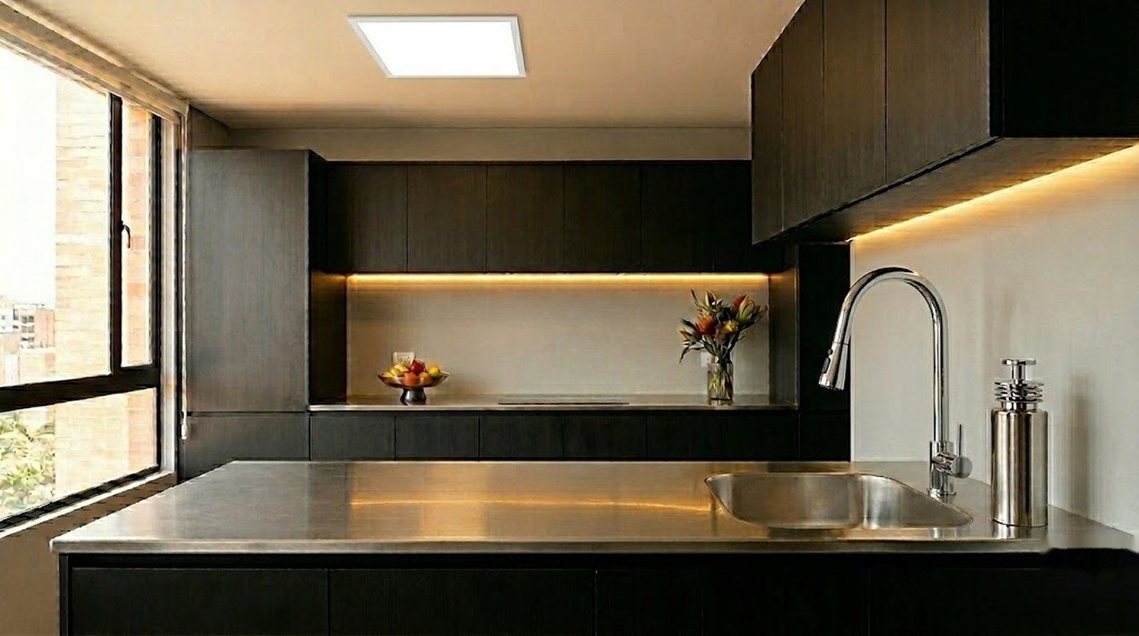 Cocina premium Moressco con mezclador extraíble cromado y panel LED 60x60 Mercury
