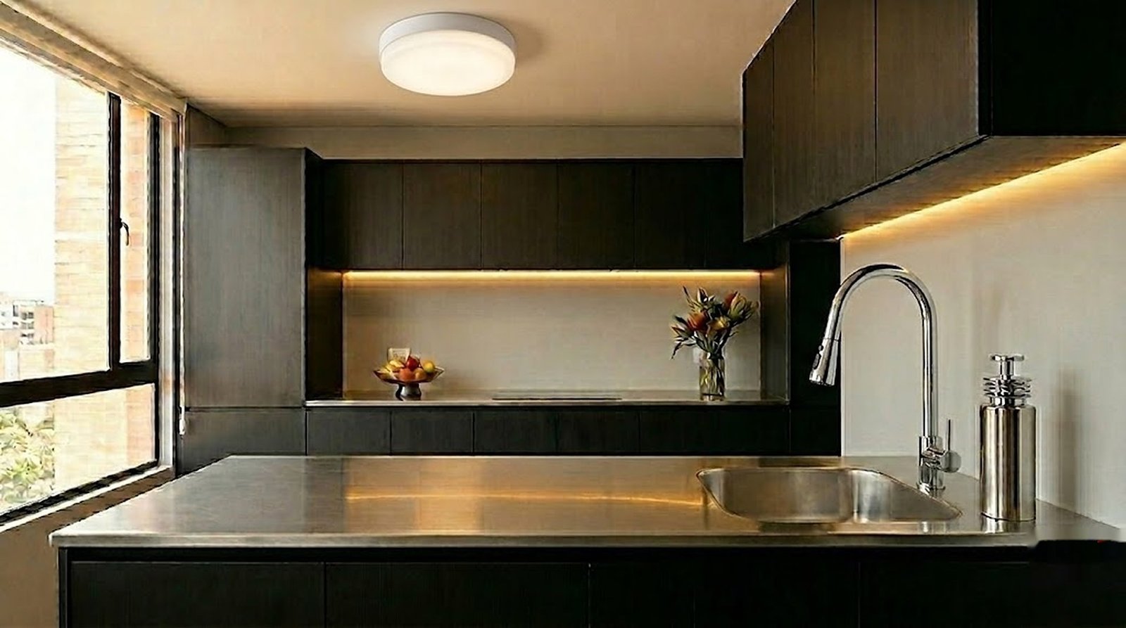 Cocina premium Moressco con mezclador extraíble cromado y panel LED frameless Mercury