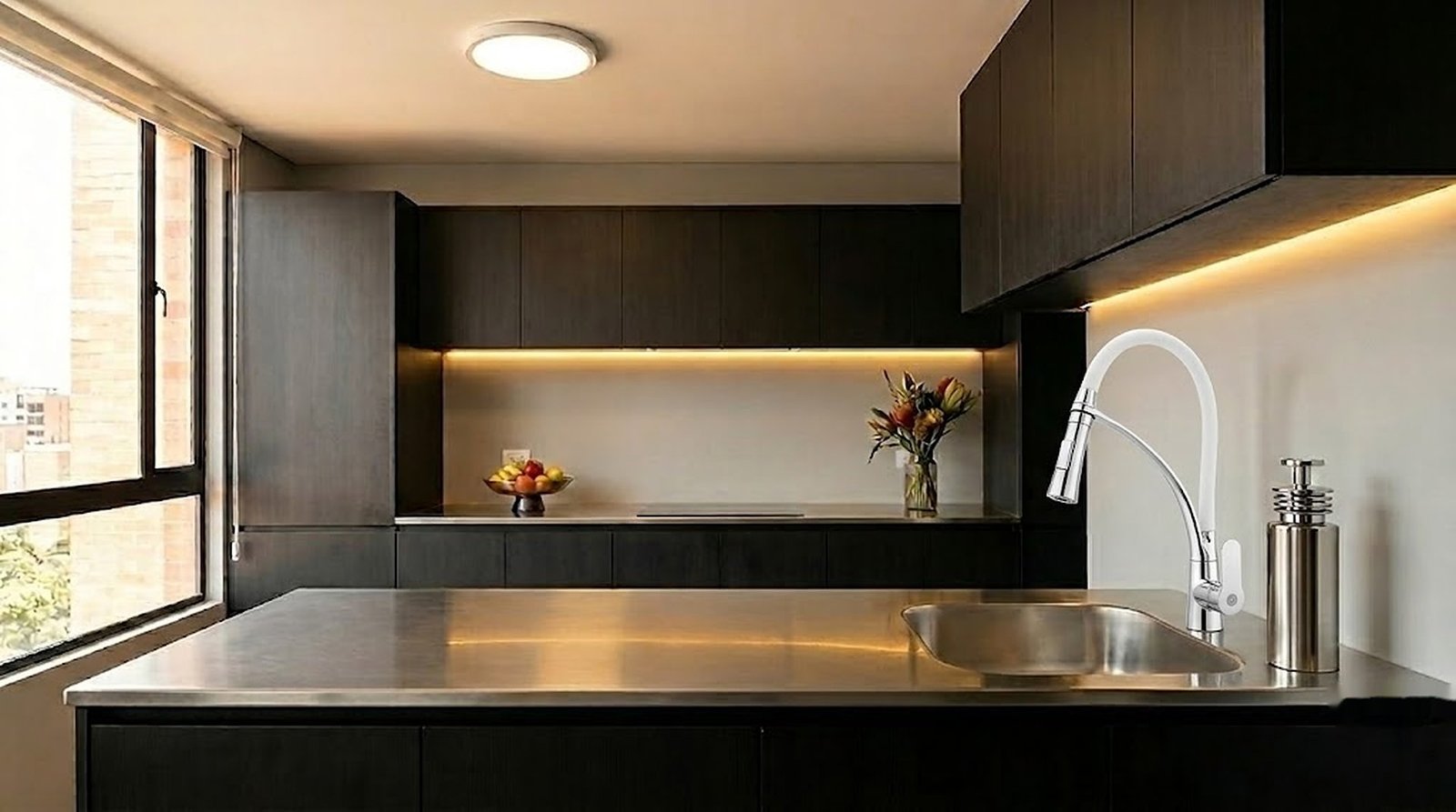 Cocina premium Moressco con mezclador blanco cuello flexible y panel LED circular 10" Mercury