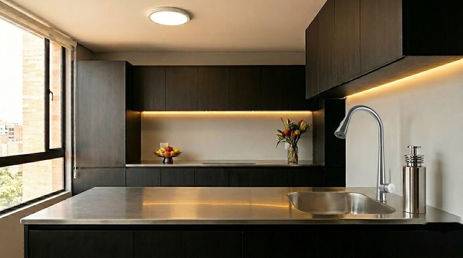 Cocina premium Moressco con mezclador extraíble cromado y panel LED circular 10" Mercury