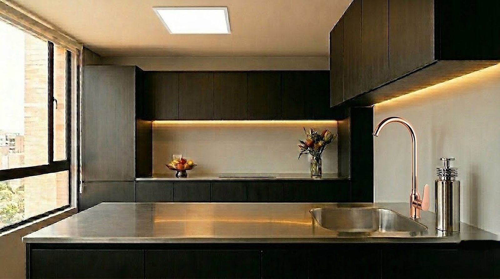 Cocina premium Moressco con mezclador oro rosa y panel LED 60x60 Mercury