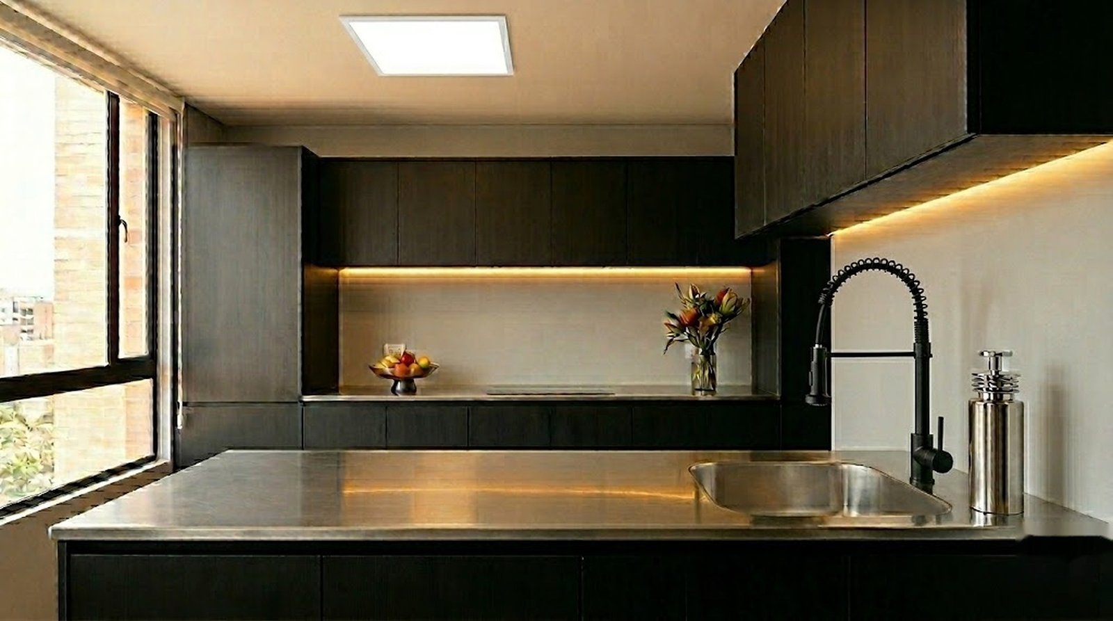 Cocina premium Moressco con llave móvil negra Leos y panel LED 60x60 Mercury
