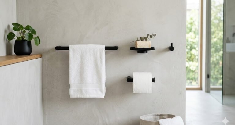 Set de accesorios de bano en negro mate montados en pared de microcemento