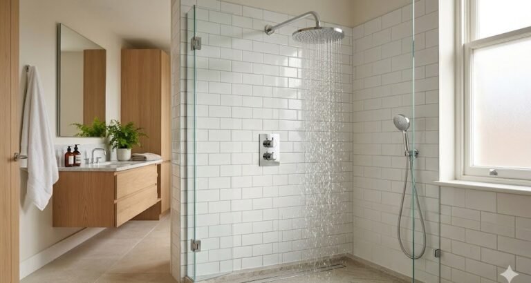 Ducha moderna con regadera lluvia, registro y teleducha en bano elegante