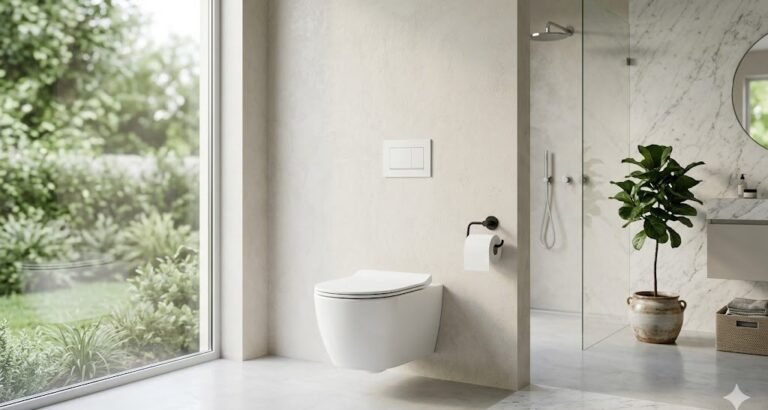 Sanitario blanco moderno con tapa en bano minimalista luminoso