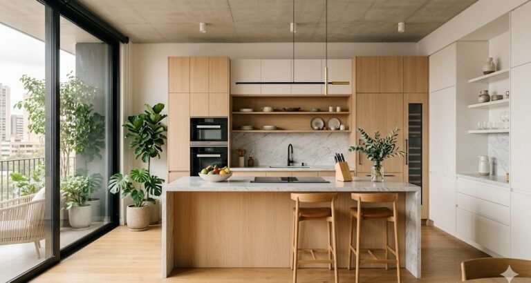 Cocina integral moderna con isla, gabinetes de madera y electrodomesticos empotrados