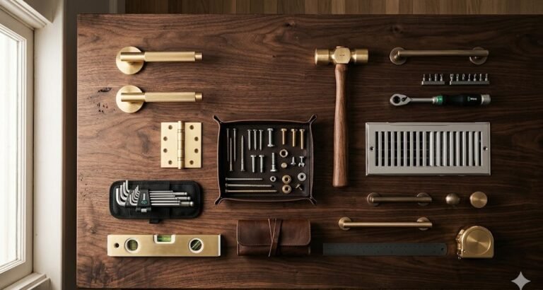 Herramientas y acabados de ferreteria premium organizados sobre madera