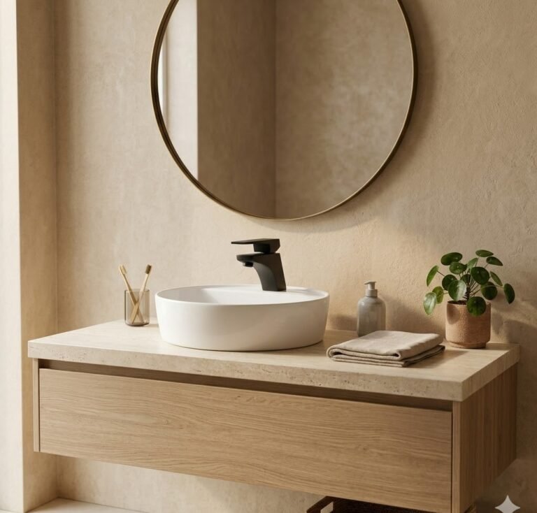 Mezclador de lavamanos negro instalado sobre vessel en mueble de baño moderno