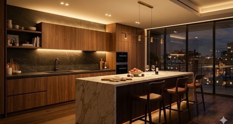 Cocina moderna iluminada con tiras LED calidas bajo gabinetes