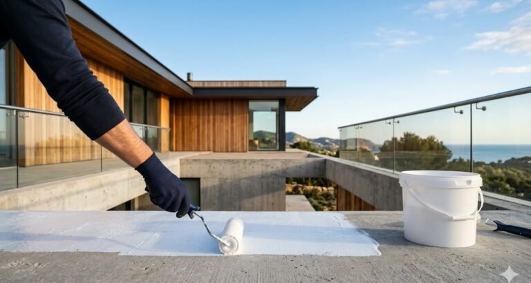 Mano aplicando impermeabilizante blanco con rodillo en terraza de concreto de casa premium