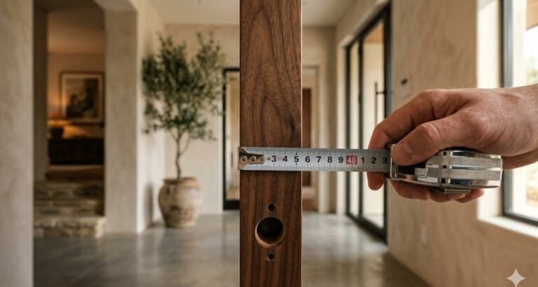Mano midiendo con cinta metrica el borde de una puerta de nogal para instalar cerradura