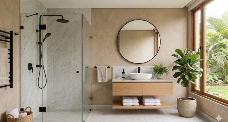 Bano moderno recien remodelado con ducha de vidrio, griferia negra y marmol