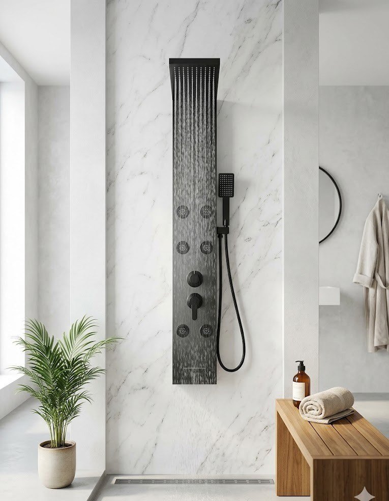 Torre de ducha en acero negro montada en pared de mármol blanco, baño luminoso tipo spa
