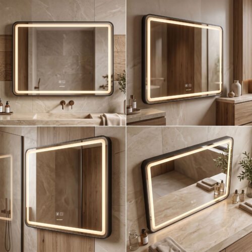 Espejo de Baño LED Rectangular Horizontal 60x80cm Bordes Redondeados Antivaho Marco Negro