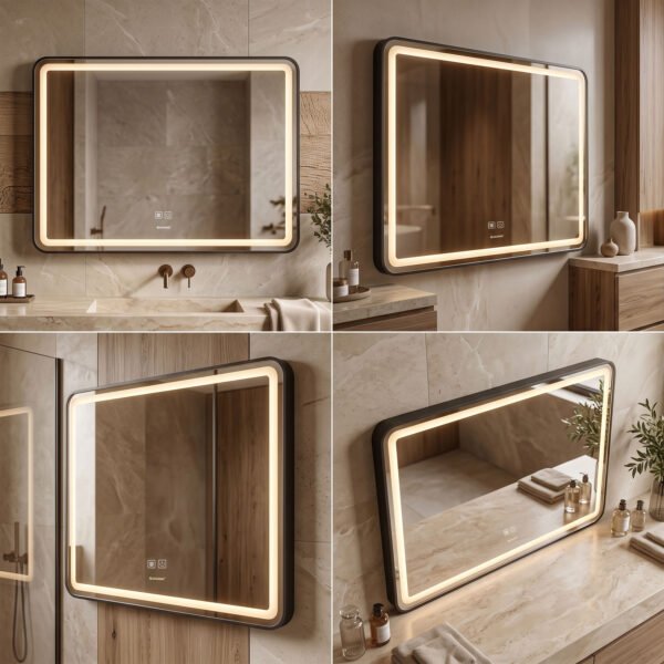 Espejo de Baño LED Rectangular Horizontal 60x80cm Bordes Redondeados Antivaho Marco Negro Espejo de Baño LED Rectangular Horizontal 60x80cm Bordes Redondeados Antivaho Marco Negro