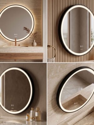 Espejo de Baño LED Redondo 60cm Luz Perimetral Antivaho Marco Negro