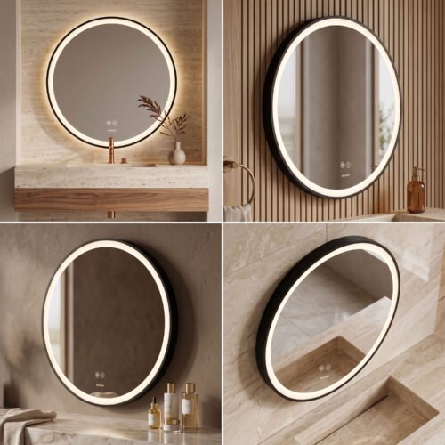 Espejo de Baño LED Redondo 60cm Luz Perimetral Antivaho Marco Negro