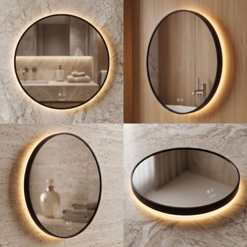 Espejo de Baño LED Redondo 60cm Luz Indirecta Antivaho Marco Negro Espejo de Baño LED Redondo 60cm Luz Indirecta Antivaho Marco Negro