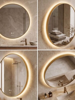 Espejo de Baño LED Redondo 60cm Luz Indirecta Antivaho Marco Dorado