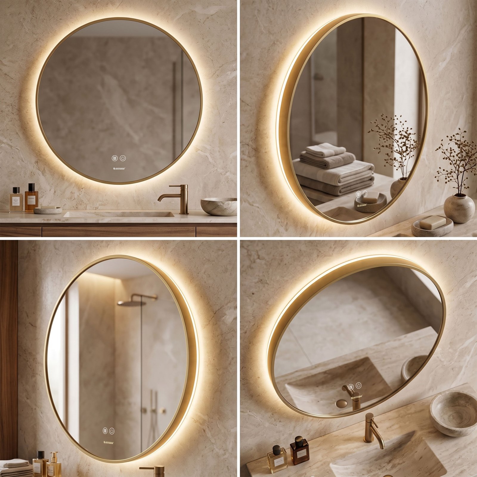 Espejo de Baño LED Redondo 60cm Luz Indirecta Antivaho Marco Dorado