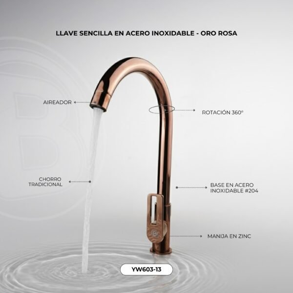Llave sencilla lavaplatos en acero inoxidable 201 oro rosa, manija en zinc