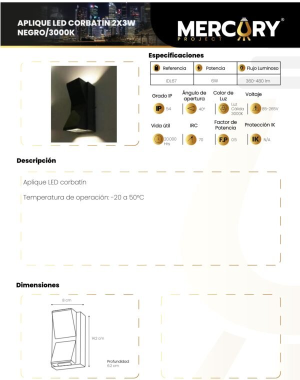 aplique-led-de-pared-3w-negro-luz-calida-3000k-mercury-ficha-tecnica Ficha técnica Aplique LED de Pared 3W Negro Luz Cálida 3000K — Mercury