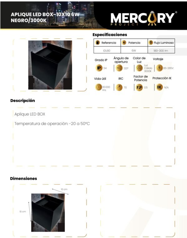 Ficha técnica Aplique LED de Pared 6W Negro Luz Cálida 3000K — Mercury