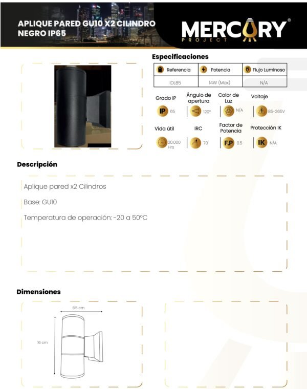 Ficha técnica Aplique LED de Pared Cilindro Negro — Mercury