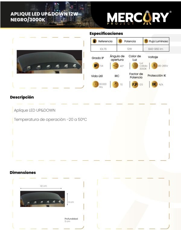 Ficha técnica Aplique LED de Pared Up & Down 12W Negro Luz Cálida 3000K — Mercury
