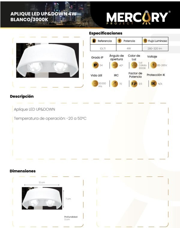 aplique-led-de-pared-up-down-4w-blanco-luz-calida-3000k-mercury-ficha-tecnica Ficha técnica Aplique LED de Pared Up & Down 4W Blanco Luz Cálida 3000K — Mercury