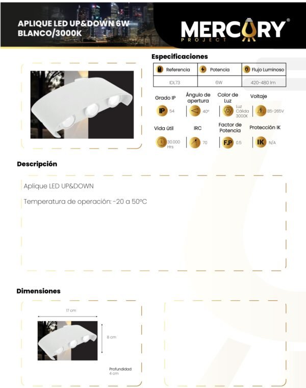 aplique-led-de-pared-up-down-6w-blanco-luz-calida-3000k-mercury-ficha-tecnica Ficha técnica Aplique LED de Pared Up & Down 6W Blanco Luz Cálida 3000K — Mercury
