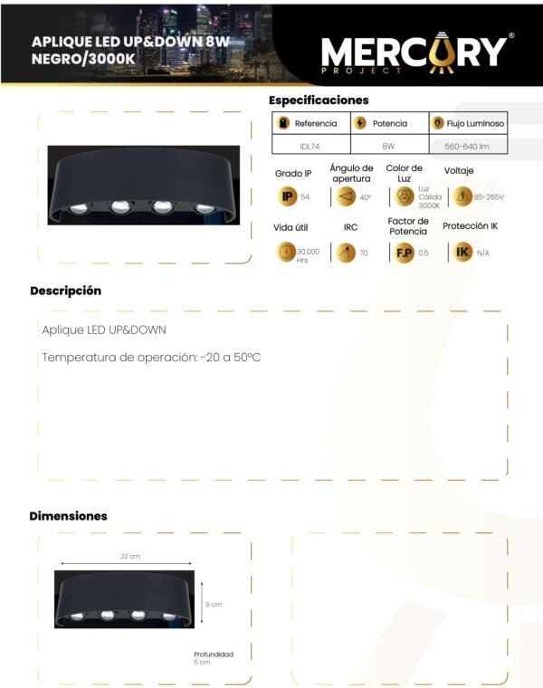 aplique-led-de-pared-up-down-8w-negro-luz-calida-3000k-mercury-ficha-tecnica Ficha técnica Aplique LED de Pared Up & Down 8W Negro Luz Cálida 3000K — Mercury