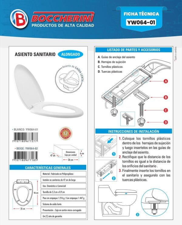Ficha técnica Asiento Sanitario Alongado de Caida Lenta Blanco