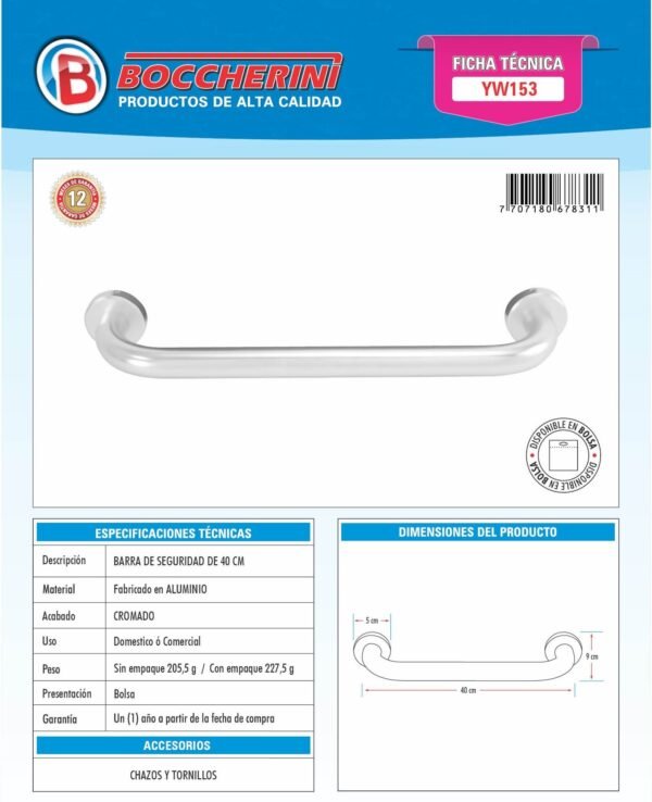Ficha técnica Barra de Seguridad 40cm en Aluminio