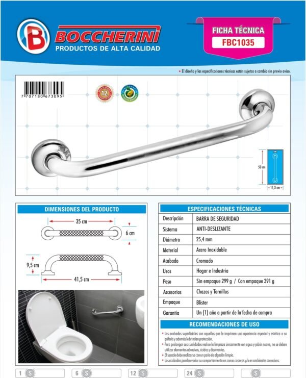 Ficha técnica Barra de Seguridad Mango Antideslizante 35cm
