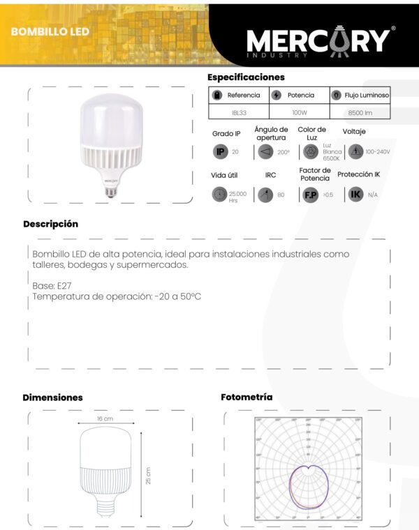 Ficha técnica Bombillo LED 100W — Mercury