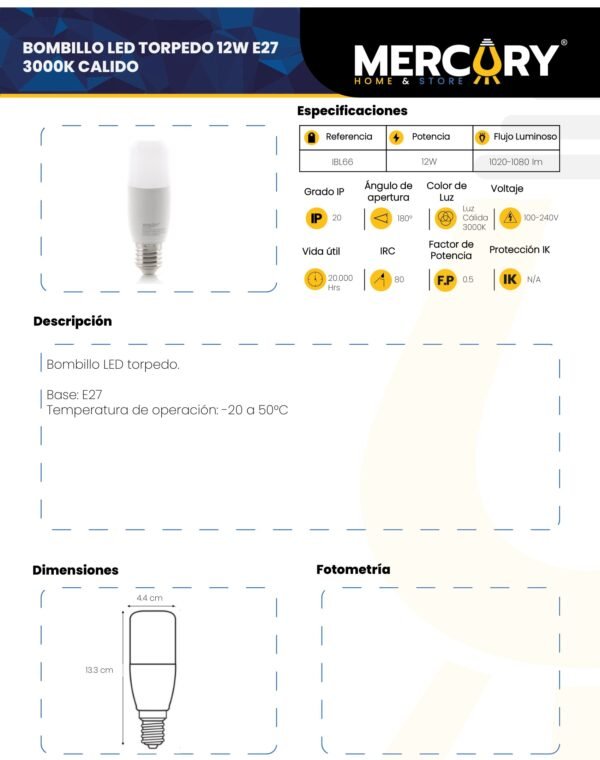 bombillo-led-12w-e27-luz-calida-3000k-mercury-ficha-tecnica Ficha técnica Bombillo LED 12W E27 Luz Cálida 3000K — Mercury